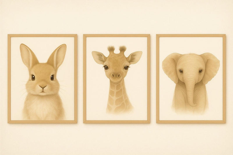 Set of 3 Nursery Animal Prints – Neutral Safari Baby Room Wall Art | Woodland Animals (Elephant, Giraffe, Bunny, Lion) | Nursery Decor